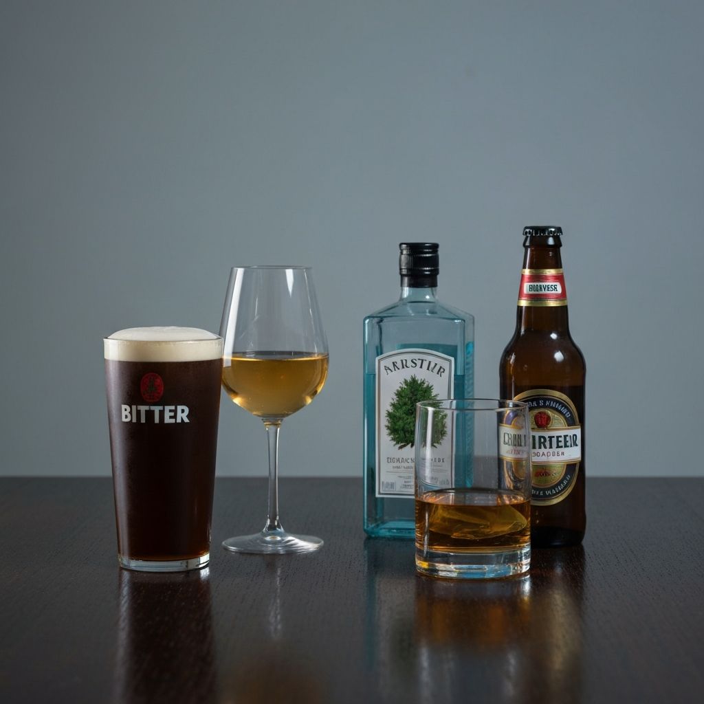 Common UK alcoholic beverages on wooden table