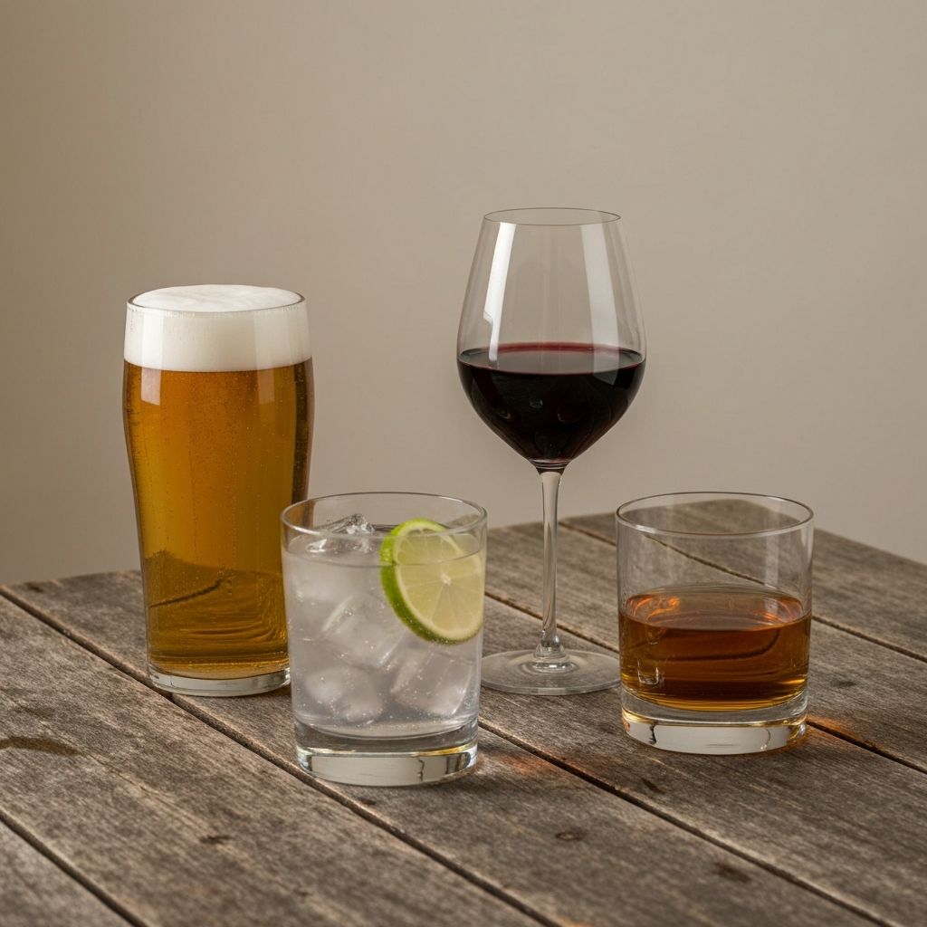 Common UK alcoholic beverages on wooden table